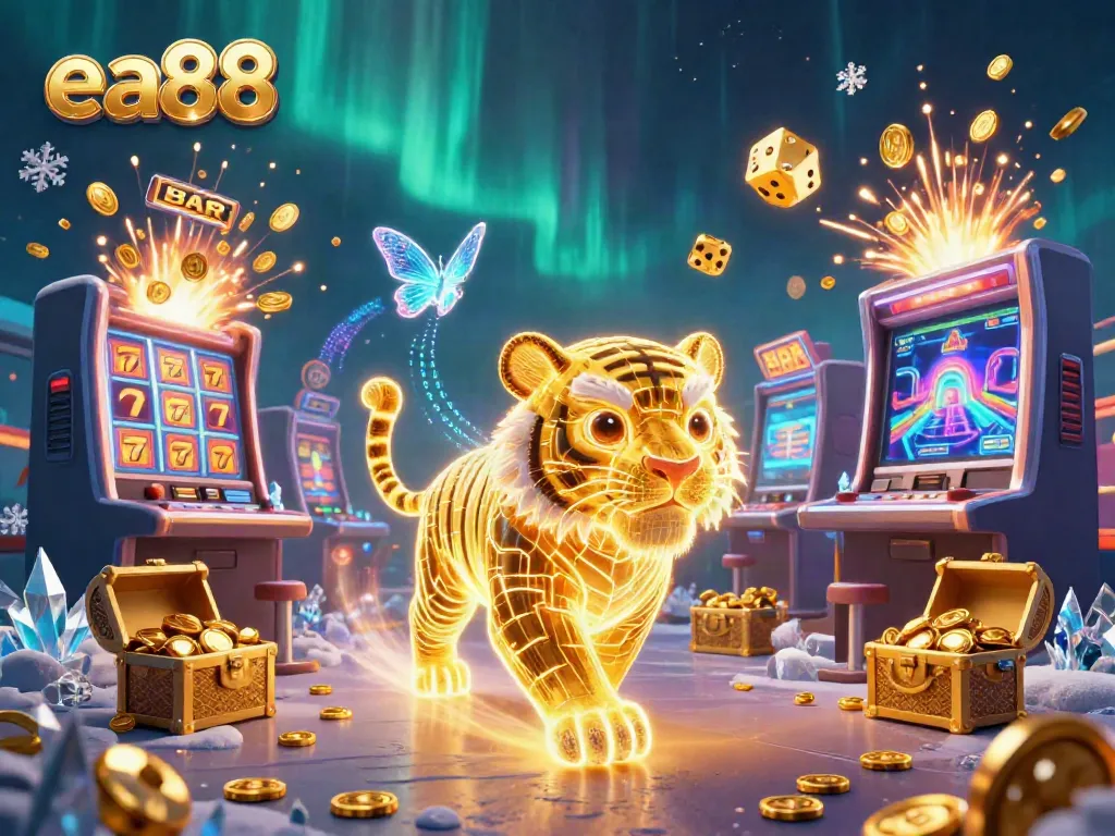 Experience the vibrant digital casino world with ea88's neon-wireframe golden tiger leaving trails of light.