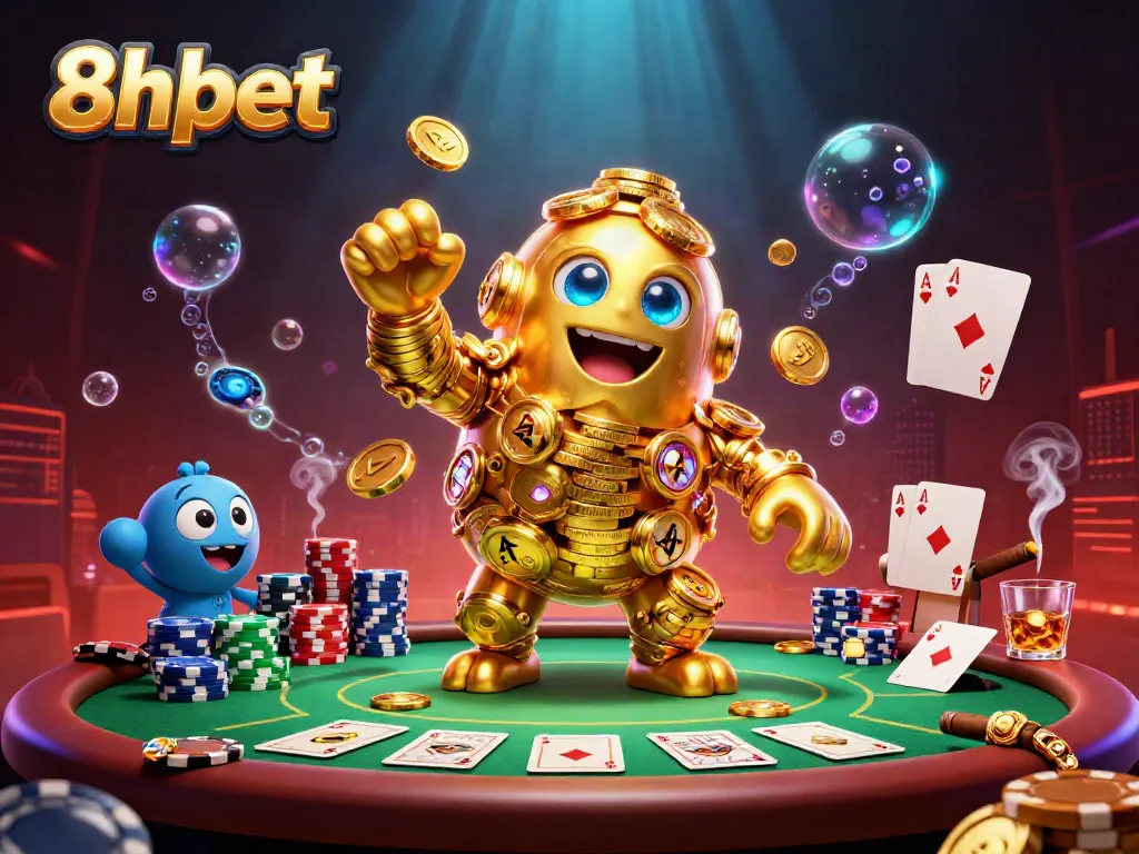 Experience the golden legacy of 8xbet through dynamic gambling visuals featuring a golden golem and poker elements.