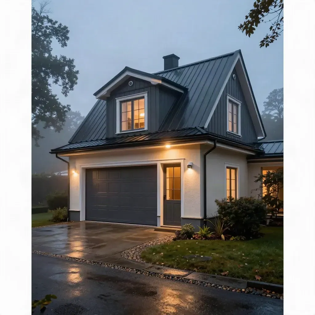 Svensk villa i blå timme med garage, larm och varm glöd från insidan.