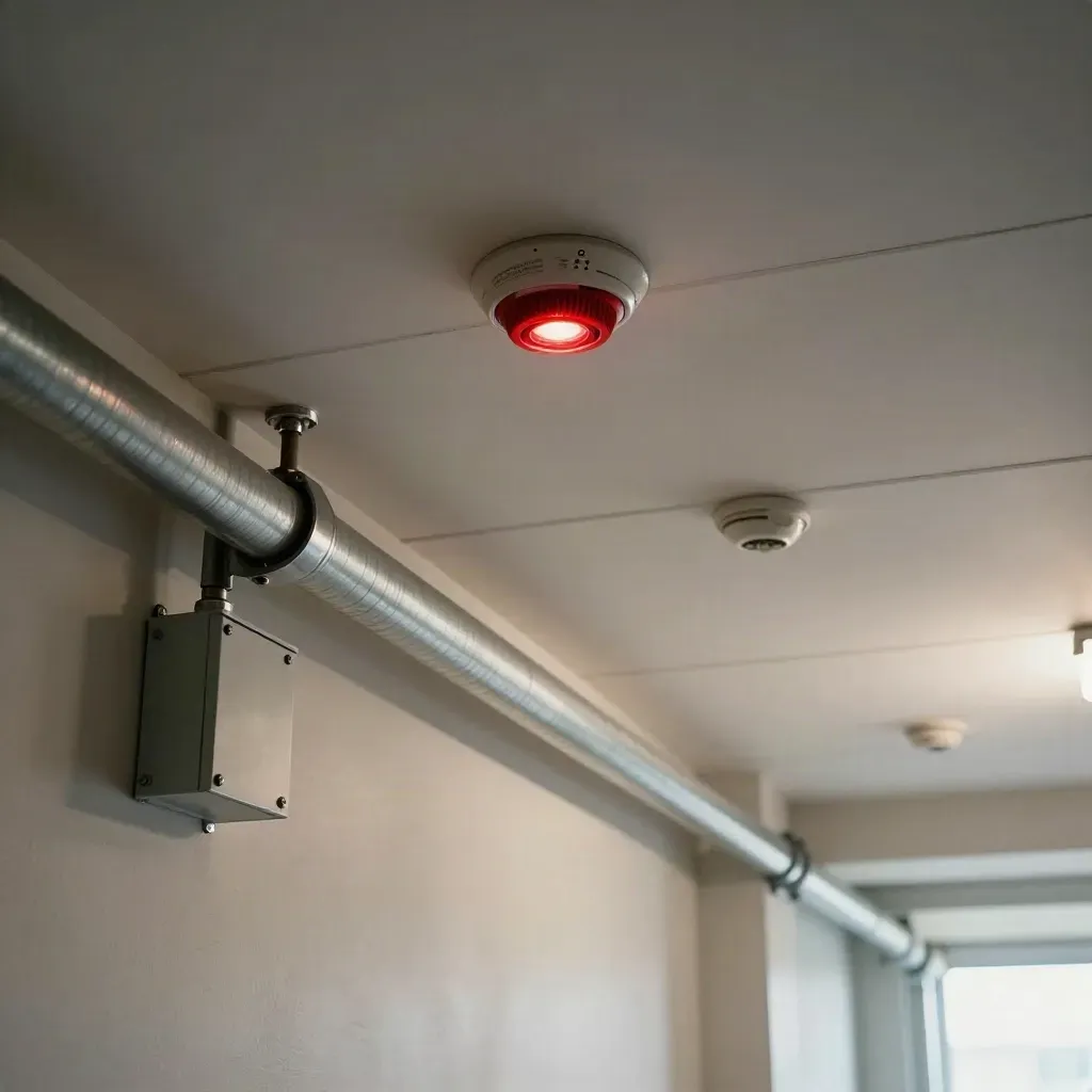 Takmonterade branddetektorer, röd siren och sprinkler i en tom korridor med varm testbelysning.