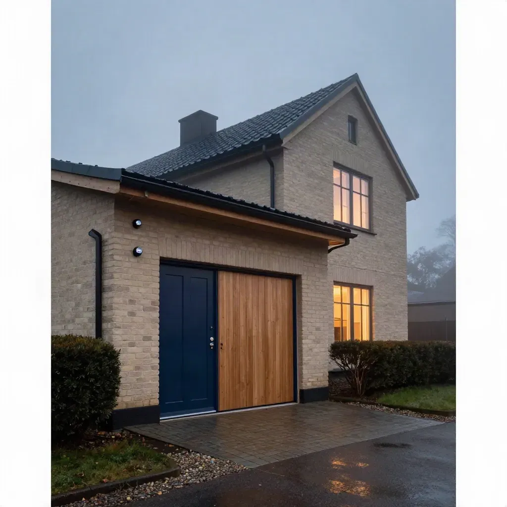 Upplyst villa i Uppsala med garage, larmdetaljer och fuktig uppfart i kvällsdimma.