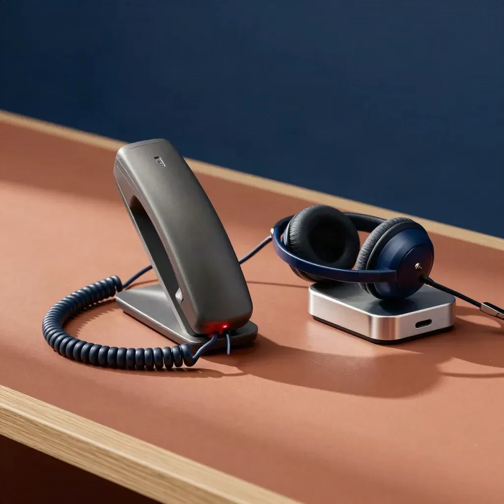 Telefonkonsol med lysande samtalslampa och headset på varm terrakottayta i mjukt dagsljus.