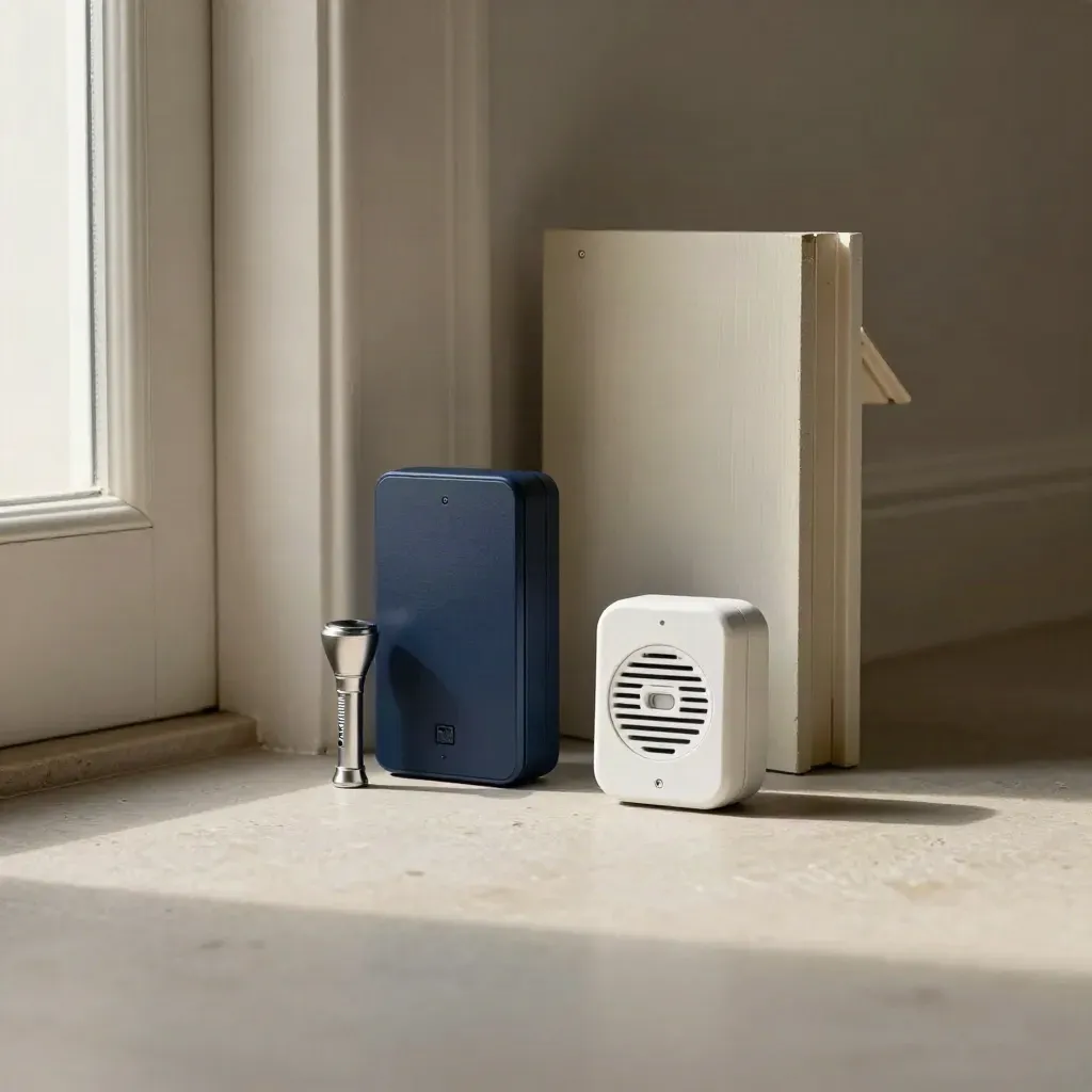 Larmpartner kit med sensorsample, siren och ficklampa på ljus putsad yta