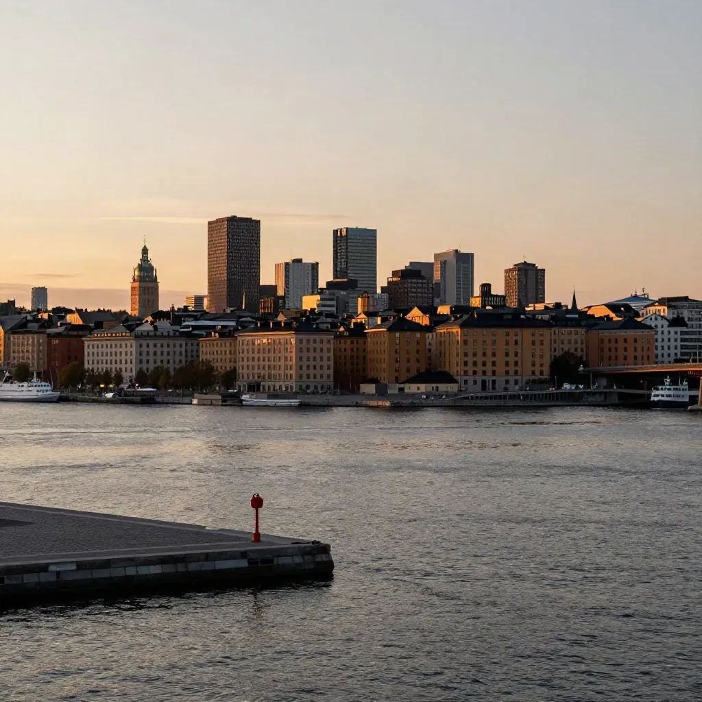 Stockholms skyline i kvällsdimma över lugnt vatten med bro och liten röd markör