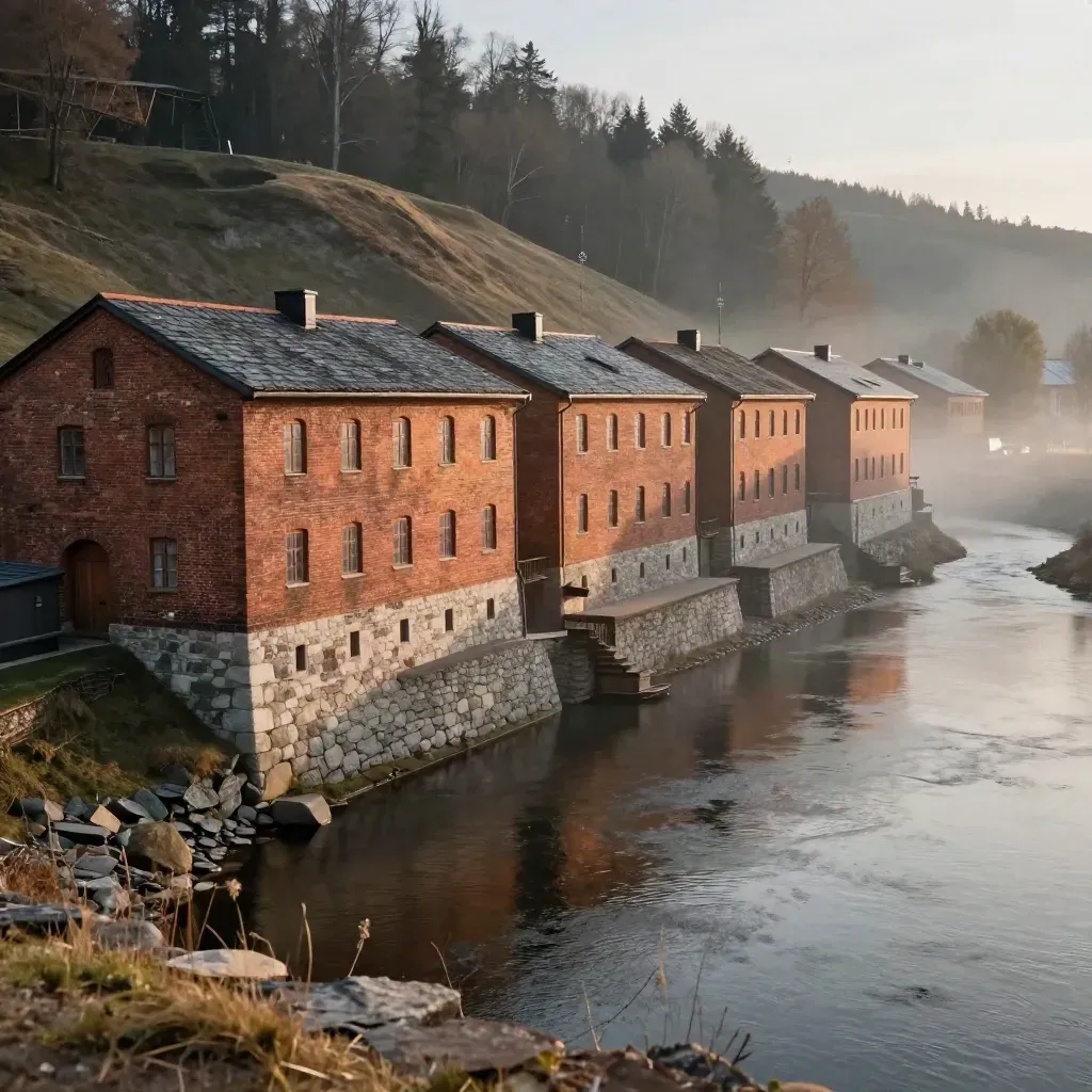 Norrköpings tegelbruk och Motala ström i gyllene kvällsljus med lugn dimma.