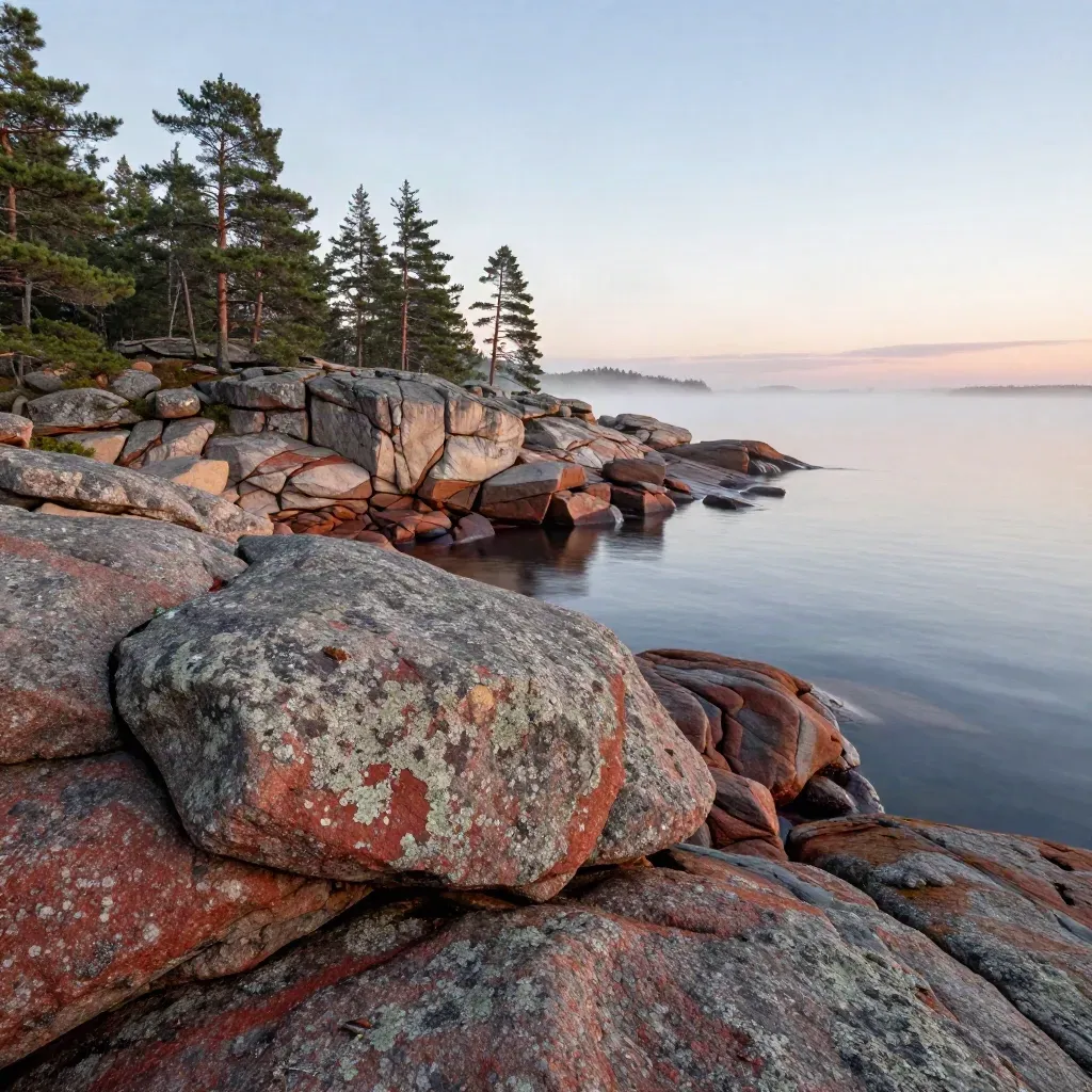 Södermanlands röda granitstrand med tallar, stilla skärgårdsvatten och dis i kvällsljus